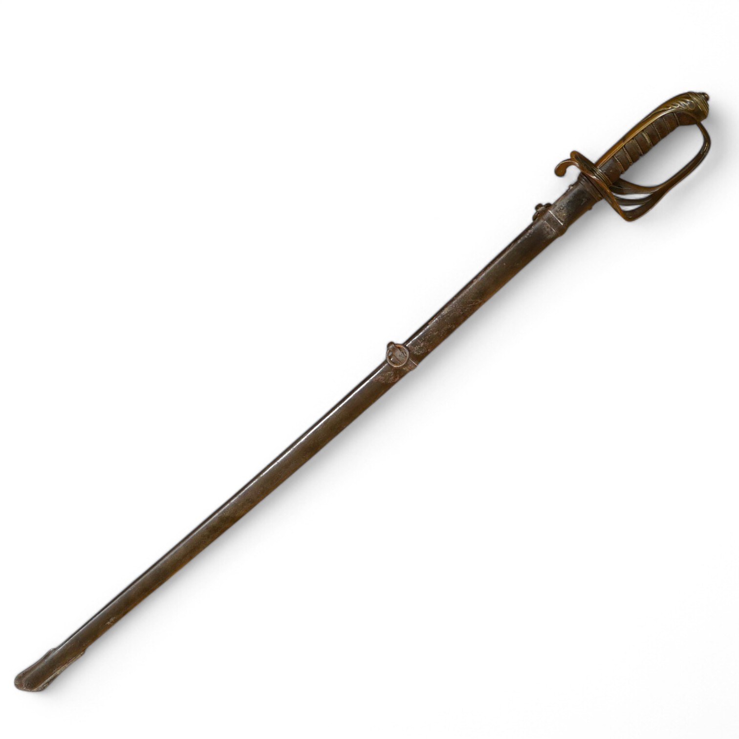 An 1845 pattern infantry officer’s sword by Henry Wilkinson, number 19387, regulation hilt, (fish skin covering missing), in its iron scabbard. Condition - fair to good.